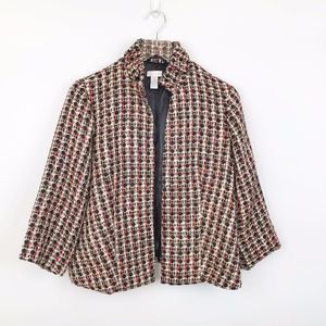 Chicos Tweed Blazer Jacket Size 1 Black Red Gold